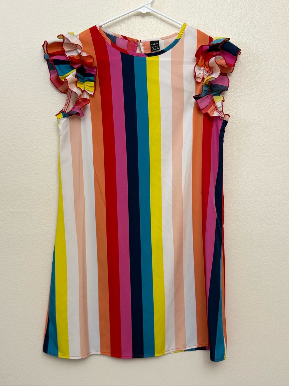 SHEIN Rainbow Striped Ruffle Sleeve Shift Dress Size Small Colorful Mini Dress - Picture 2 of 6